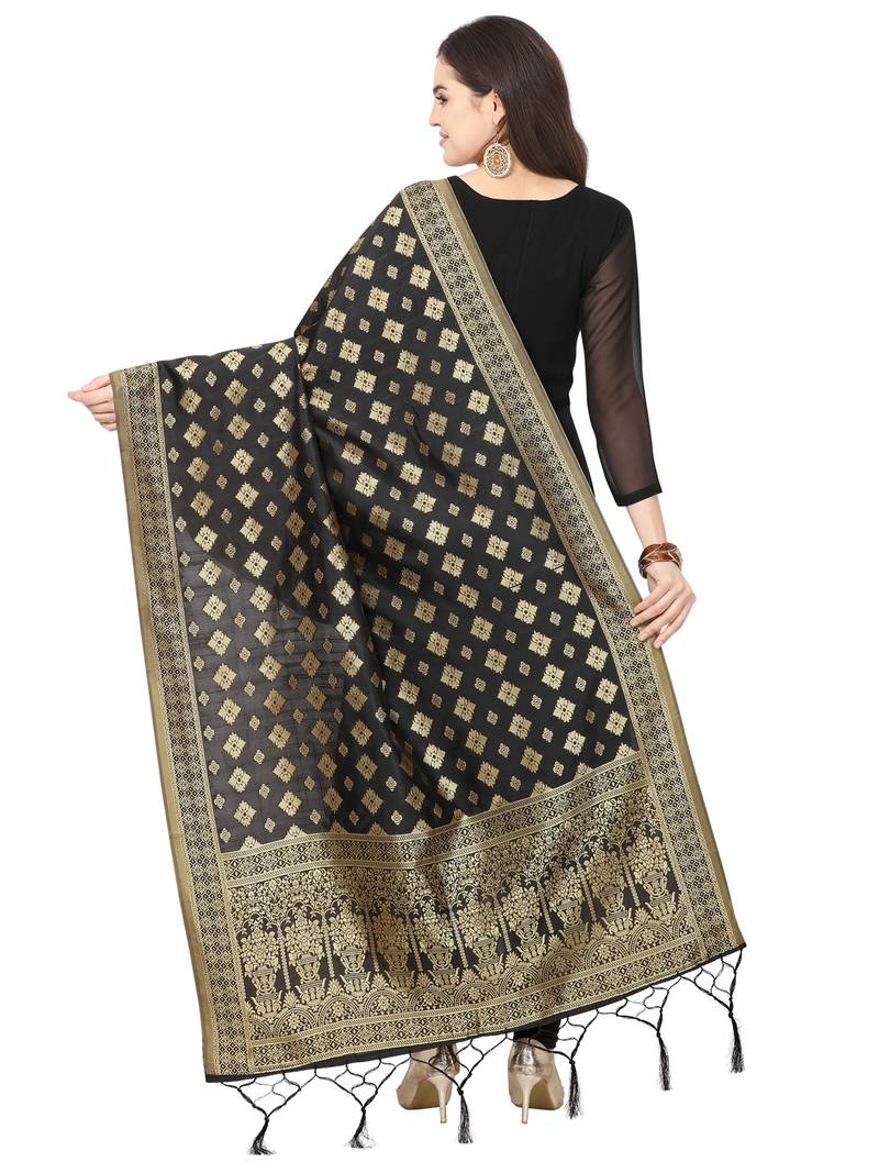 Black Poly Silk Banarasi Womens Dupatta