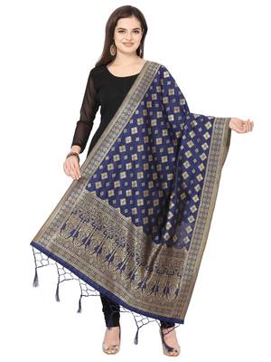Navy Blue Poly Silk Banarasi Womens Dupatta 1