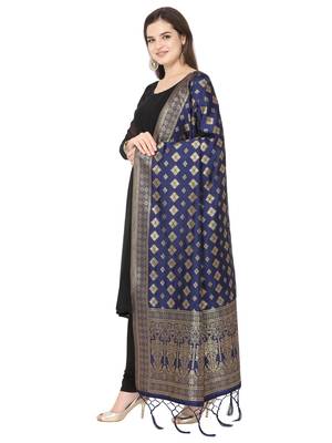Navy Blue Poly Silk Banarasi Womens Dupatta 2