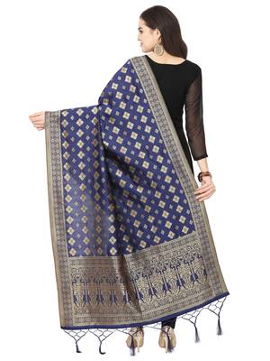 Navy Blue Poly Silk Banarasi Womens Dupatta 3