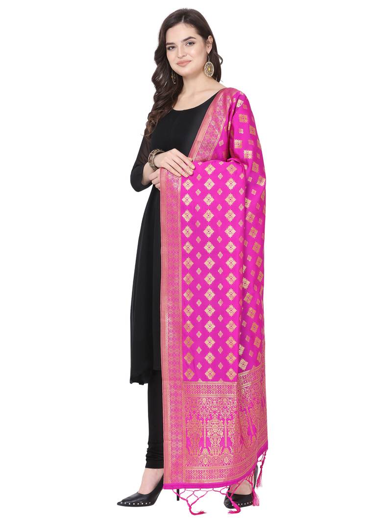 Pink Poly Silk Banarasi Womens Dupatta