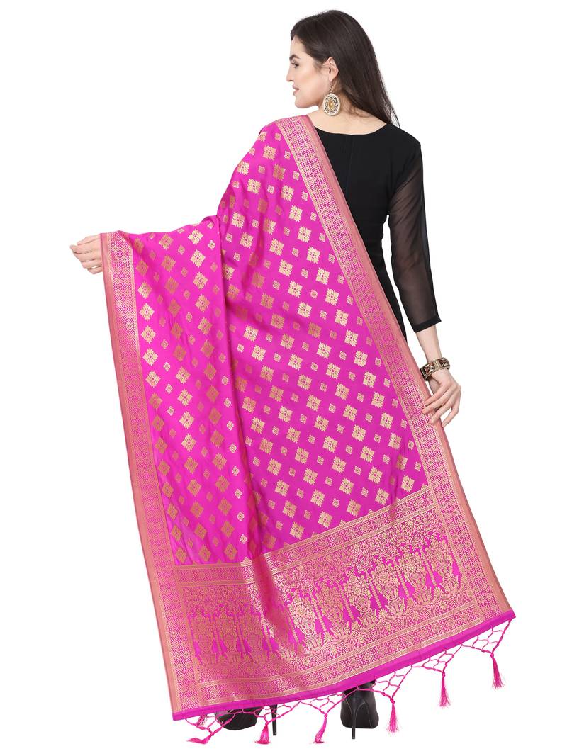 Pink Poly Silk Banarasi Womens Dupatta