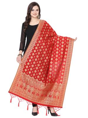 Red Poly Silk Banarasi Womens Dupatta 1