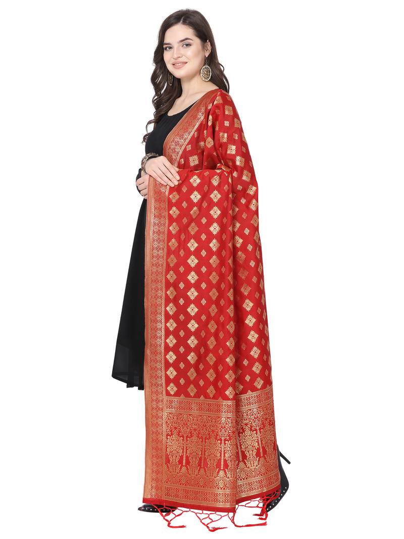 Red Poly Silk Banarasi Womens Dupatta