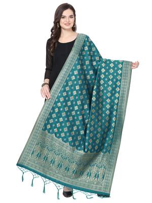Turquoise Poly Silk Banarasi Womens Dupatta 1