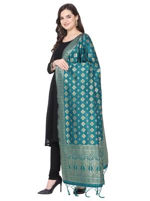 Turquoise Poly Silk Banarasi Womens Dupatta 2