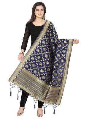 Navy Blue Poly Silk Banarasi Womens Dupatta 1