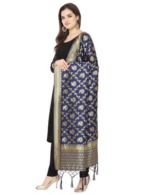 Navy Blue Poly Silk Banarasi Womens Dupatta 2