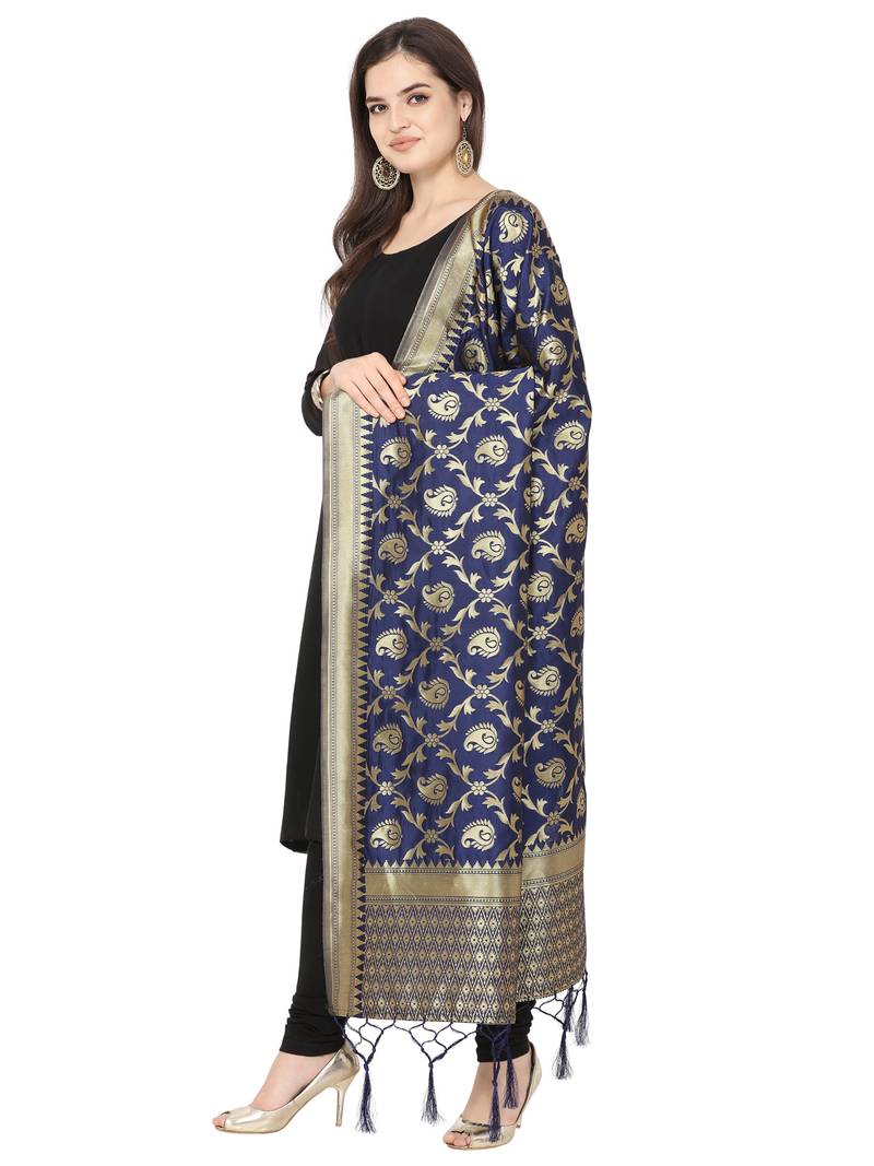 Navy Blue Poly Silk Banarasi Womens Dupatta