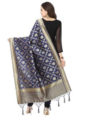 Navy Blue Poly Silk Banarasi Womens Dupatta 3