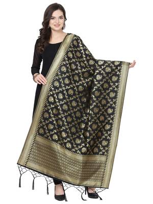 Black Poly Silk Banarasi Womens Dupatta 1