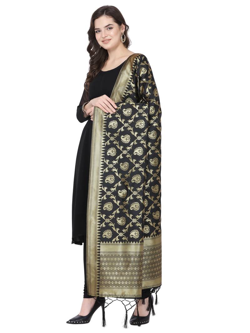 Black Poly Silk Banarasi Womens Dupatta