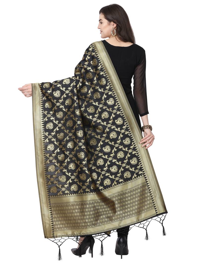 Black Poly Silk Banarasi Womens Dupatta