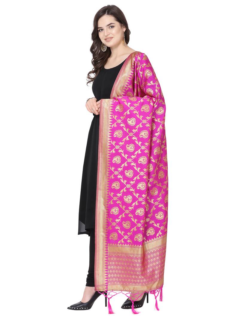 Pink Poly Silk Banarasi Womens Dupatta