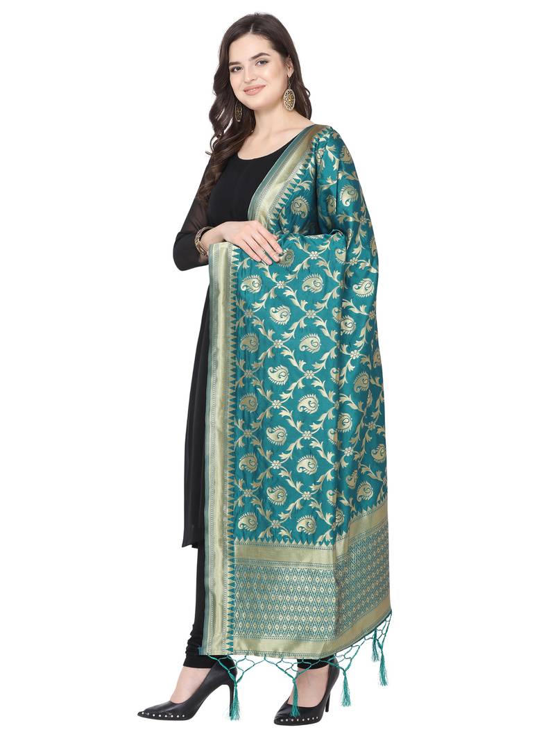 Turquoise Poly Silk Banarasi Womens Dupatta