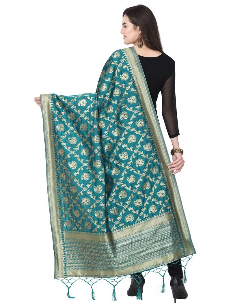 Turquoise Poly Silk Banarasi Womens Dupatta