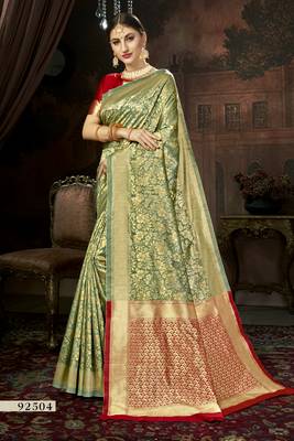 Green Printed Cotton Saree With Blouse 1