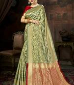 Green Printed Cotton Saree With Blouse