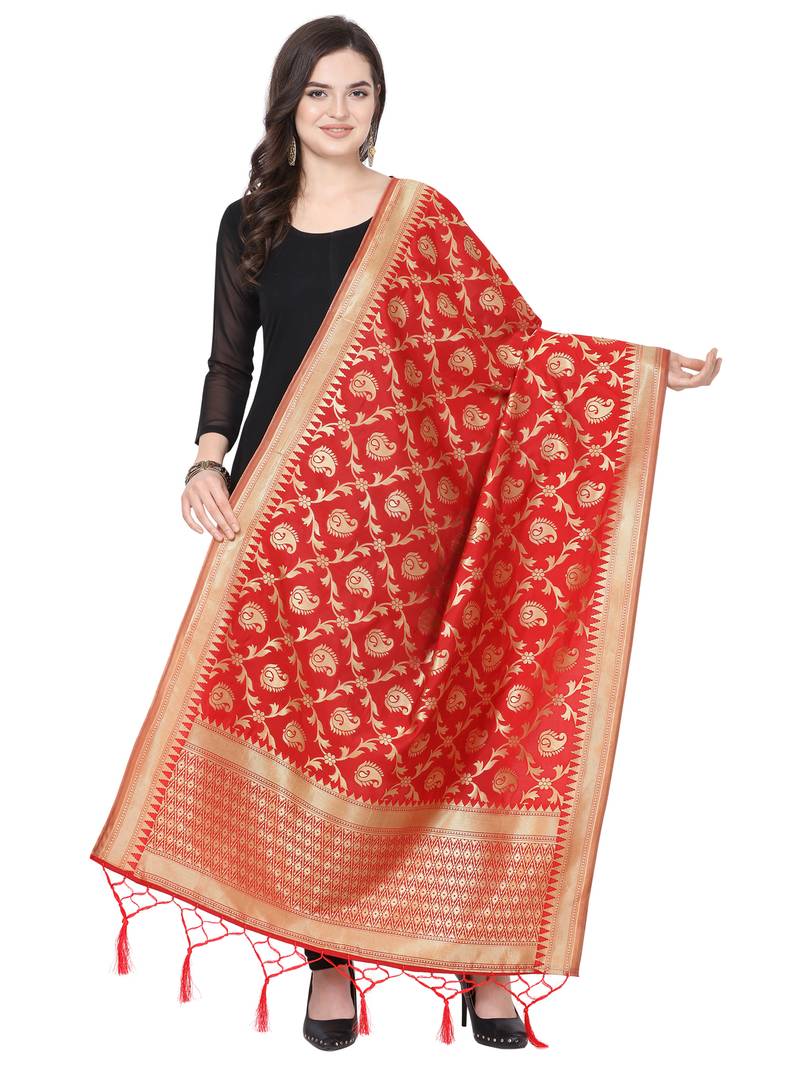 Red Poly Silk Banarasi Womens Dupatta