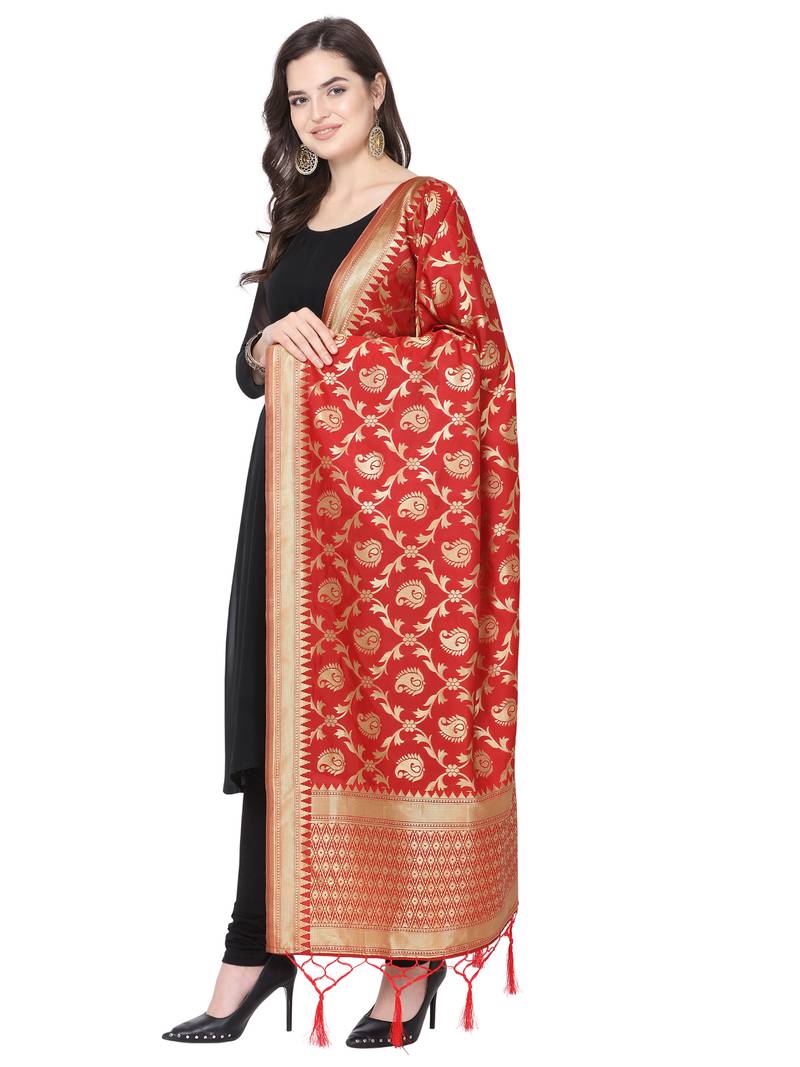 Red Poly Silk Banarasi Womens Dupatta