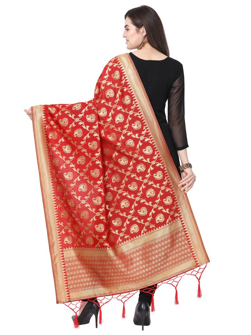 Red Poly Silk Banarasi Womens Dupatta