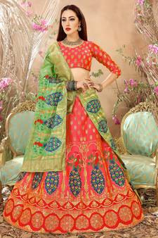 Pink Jacquard Banarasi Silk A-line Lehenga With Blouse