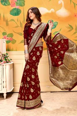 Maroon Woven Silk Blend Saree With Blouse 4
