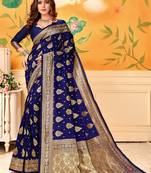 Navy Blue Woven Silk Blend Saree With Blouse