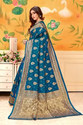 Light Navy Blue Woven Silk Blend Saree With Blouse 2