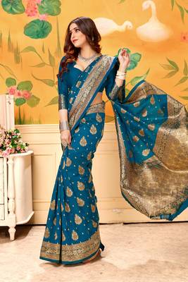 Light Navy Blue Woven Silk Blend Saree With Blouse 4