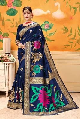 Navy Blue Woven Silk Blend Saree With Blouse 1