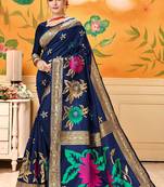 Navy Blue Woven Silk Blend Saree With Blouse