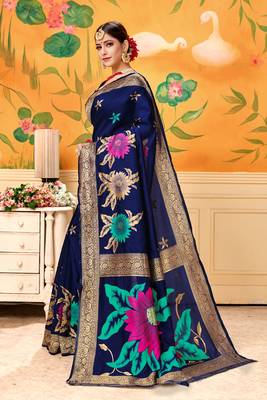 Navy Blue Woven Silk Blend Saree With Blouse 2