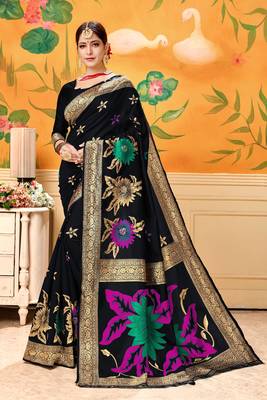 Black Woven Silk Blend Saree With Blouse 1