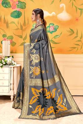 Grey Woven Silk Blend Saree With Blouse 2