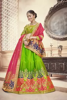Green Jacquard Banarasi Silk A-line Lehenga With Blouse