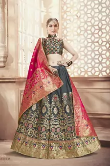 Grey Jacquard Banarasi Silk A-line Lehenga With Blouse
