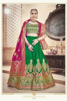 Green Jacquard Banarasi Silk A-line Lehenga With Blouse