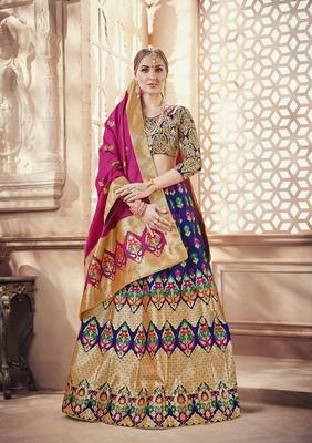 Nevy Blue Jacquard Banarasi Silk A-line Lehenga With Blouse 1