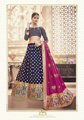 Nevy Blue Jacquard Banarasi Silk A-line Lehenga With Blouse 1