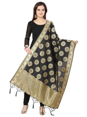 Black Poly Silk Banarasi Womens Dupatta 1