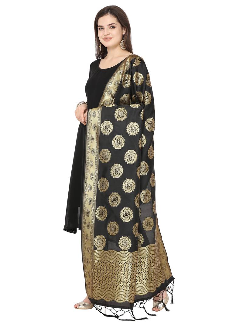 Black Poly Silk Banarasi Womens Dupatta