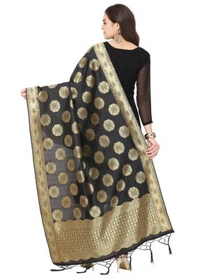 Black Poly Silk Banarasi Womens Dupatta 3