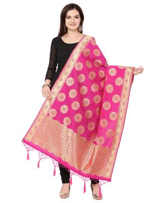 Pink Poly Silk Banarasi Womens Dupatta 1