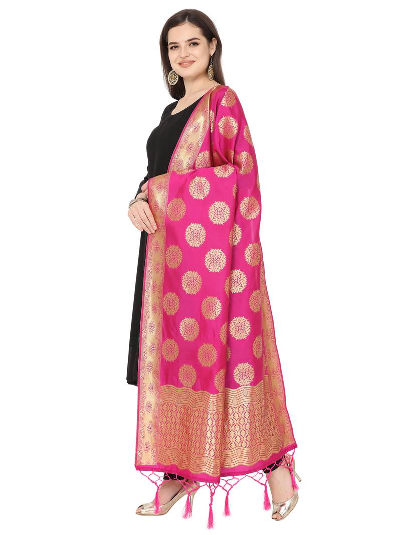 Pink Poly Silk Banarasi Womens Dupatta