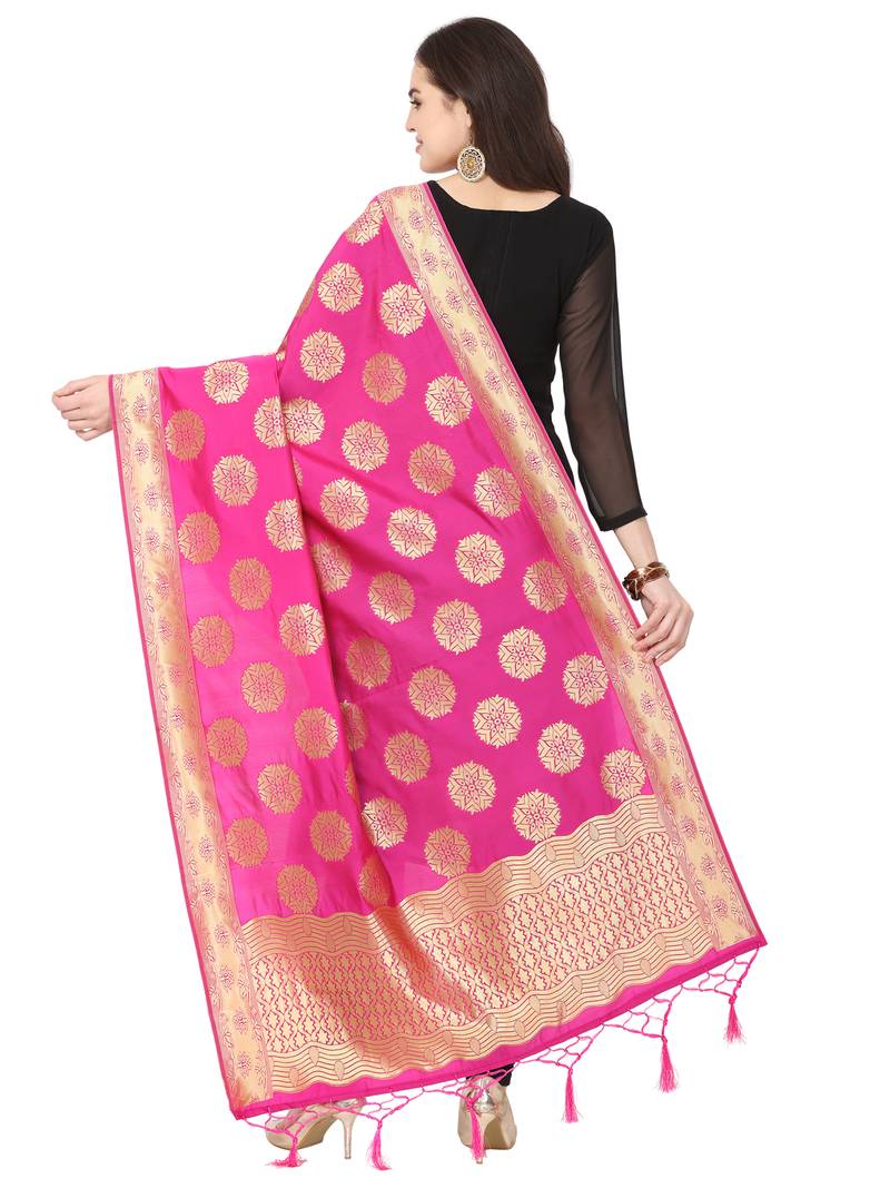 Pink Poly Silk Banarasi Womens Dupatta