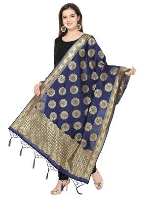 Navy Blue Poly Silk Banarasi Womens Dupatta 1