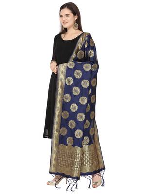 Navy Blue Poly Silk Banarasi Womens Dupatta 2