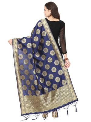Navy Blue Poly Silk Banarasi Womens Dupatta 3