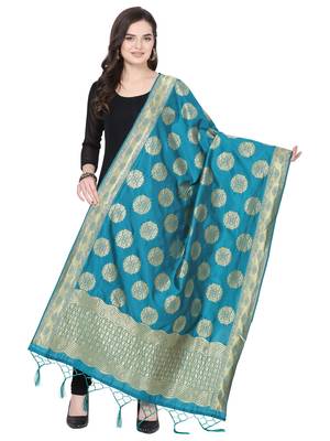 turquoise Poly Silk Banarasi Womens Dupatta 1